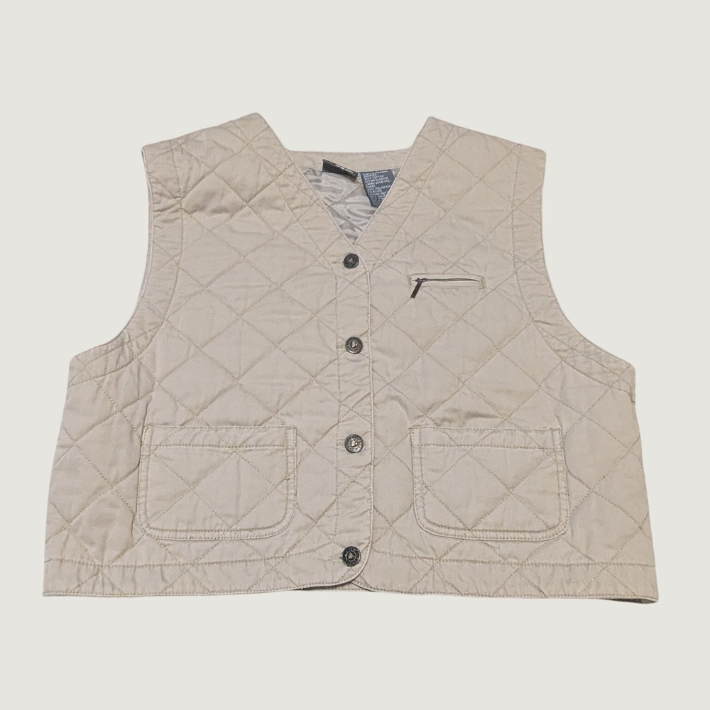 Lizwear Quilted Vest Womens Sz L Tan Khaki Cotton Vintage Utility Vest Fisherman
